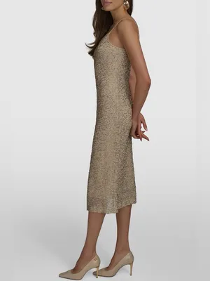 Donna Karan New York Bugle Beaded Slip Dress in Champagne Gold, Size M, NWT thumbnail 3