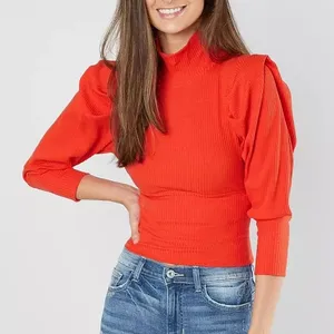 Free People Lala Cropped Puff Sleeve Mock Neck Ribbed Top Red Large L OB861565 thumbnail 1