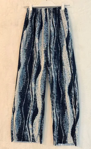Realtakai Blue Abstract Wave Print‎ Pleated Wide Leg Pants Large thumbnail 1