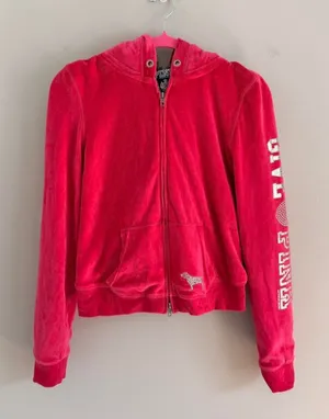 Y2k Pink Victoria'S Secret Rhinestone Embellished Velour Fur Hood Zip Up Jacket thumbnail 1