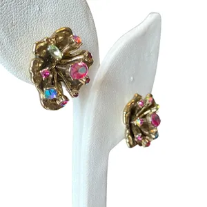 Betsey Johnson Blooming Flower Iridescent Rhinestone Blues Greens Earrings Fairy thumbnail 2