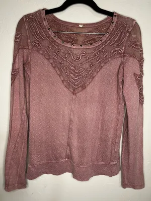 Free‎ People Embellished Embroidered Sheer Lace Boho Mauve Long Sleeve Top thumbnail 2