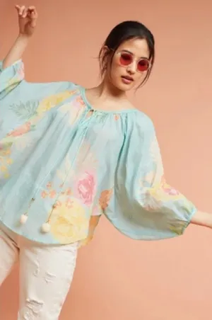 Anthropologie Farm Rio Basel Peasant Top Blue Medium thumbnail 1