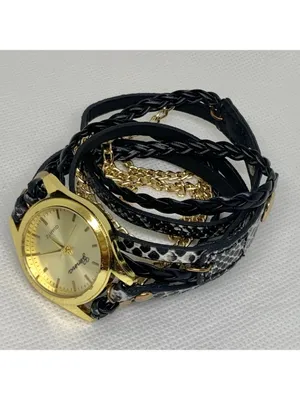Geneva Women's Gold Toned black Wrap Around band watch 28mm up to 6.5” running thumbnail 3