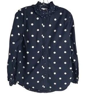 J. Crew Women's Size 6 Blue Polka Dot Ruffle‎ Neck Button-Up Shirt thumbnail 1