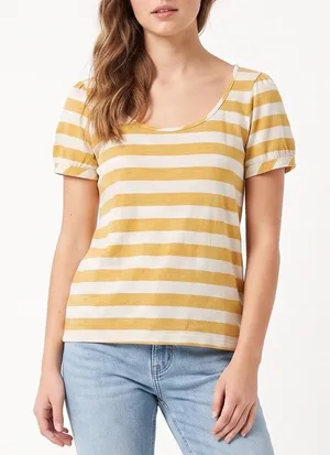 Camiseta T-Shirt Womens L Striped Yellow White Purple Back Zipper Casual Exc thumbnail 1
