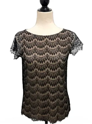 Ann Taylor Black Nude Sheer Lace Overlay Round Neck Short Sleeve Top Size S thumbnail 1