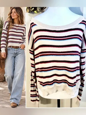 💥Free People Beach Road Trip Alpaca Blend Striped Boxy Sweater Sz S💛 thumbnail 2