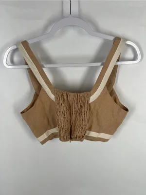 7 For All Mankind Contrast Trim Linen Blend Crop Top Tan Cream M thumbnail 5