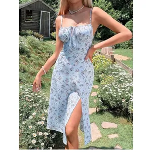 NEW Spaghetti Strap Floral Tie Front Slit Thigh Cami Dress Midi Dress S thumbnail 3