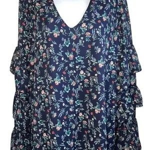 LE LIS Navy‎ Floral Long Sleeve Tiered Ruffle Trim Mini Shift Dress NWOT Large thumbnail 3