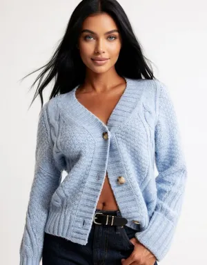 NEW Abercrombie & Fitch Cable Chunky Knit Smoke Blue Women's Cardigan Small thumbnail 1