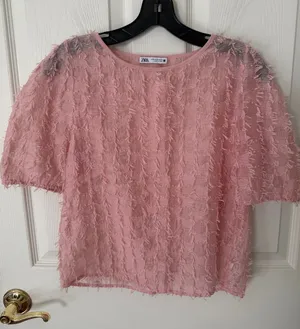 Zara Pink Textured Short Sleeve Top small thumbnail 1