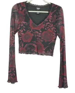 Cosmic Aura Red Rose Floral Mesh Crop Top Lace Trim Bell Sleeve Y2K Gothic Sheer thumbnail 1