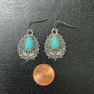 Earrings Boho Dangle Drop Silver Tone With Faux Turquoise New thumbnail 2