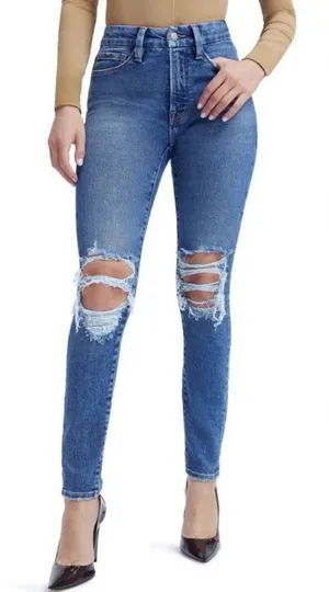 Good American Good Waist NWT High Rise Distressed Skinny Jeans Blue Size 10 thumbnail 1