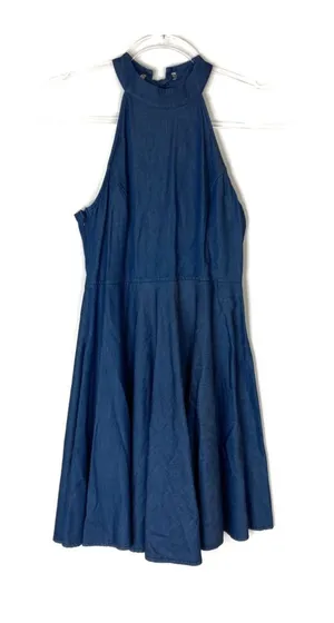 Lulus Dark Wash Chambray Sleeveless Halter Mini Dress Lace Up Womens Small thumbnail 1