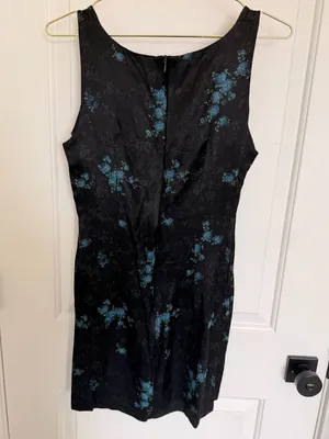 Vintage 90s Black Satin Sleeveless Mini Side Slit Dress with Blue Floral Pattern thumbnail 2
