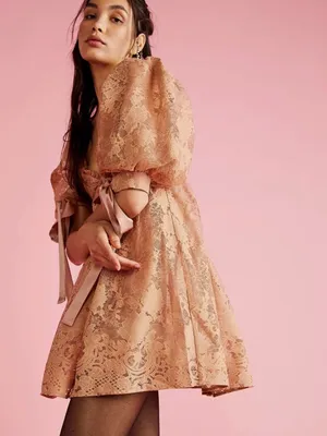 For Love & Lemons Size L Mauve Lace Puff Sleeve Mini Dress Satin Bow Ties thumbnail 4