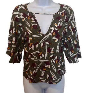 Zinzane Small Green Purple Floral Silver Metallic Stripe V Neck Crop‎ Top Blouse thumbnail 1