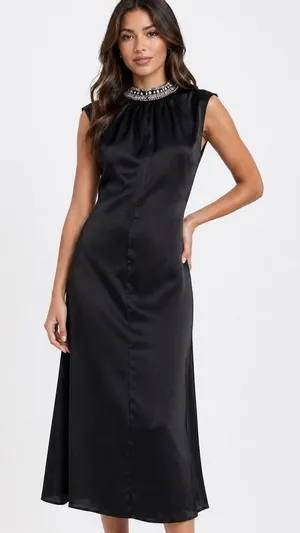 MISA Los Angeles Kira Black‎ Satin Midi Dress Crystal Embellished Neck Medium thumbnail 1