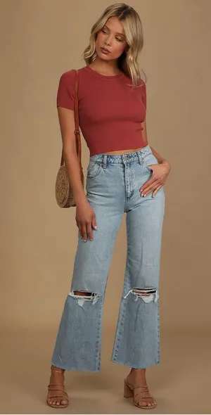 Lulus Rust Red Ribbed Cropped Top thumbnail 1