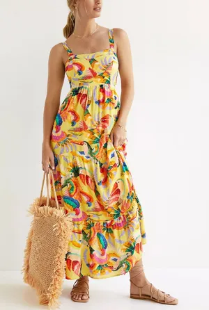 Anthropologie Farm Rio Textured Tropical Maxi Dress Yellow Small thumbnail 1