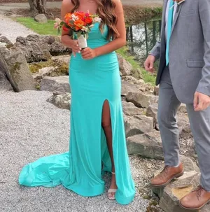 Teal prom dress with train Blue Size M thumbnail 4