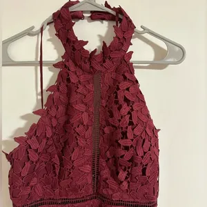 Bardot Gemma Leaf embroidered burgundy dress halter top x Revolve thumbnail 4