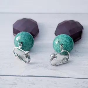Vintage Clip On Earrings 1.25" Dark Purple & Turquoise Tone Large Chunky Dangle thumbnail 5