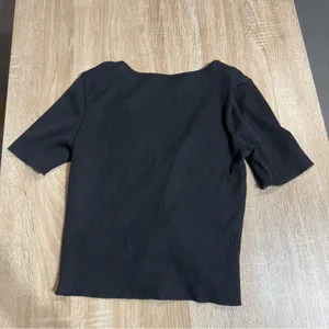 Zara Black Button-Up Women's Short Sleeve Ribbed Knit Button Henley Top Small thumbnail 4