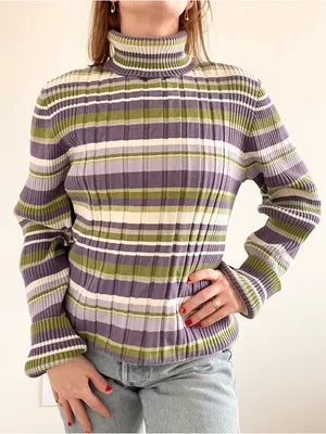 Vintage Jones New York Striped Turtleneck Rib Knit Sweater - Purple & Green thumbnail 1