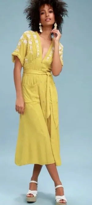 Free People Dress Midi Yellow Floral Medium thumbnail 1