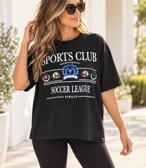 No Boundaries Womens S Black Sports Club Soccer League Graphic Boxy T-Shirt thumbnail 1