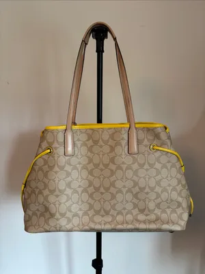 Coach Beige Signature Canvas Tote with Yellow Center Stripe and Tan Handles thumbnail 2