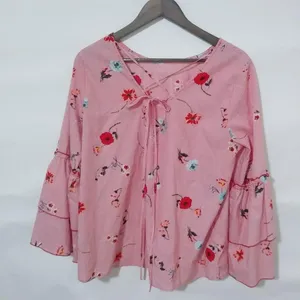 Loft M Red Pinstripe Floral Boho Bell Sleeve Top thumbnail 4