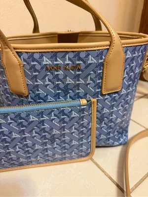 Anne Klein | Blue Patterned bucket bag with Tan Trim and Wristlet thumbnail 10