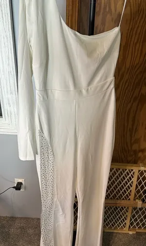 White One-Shoulder Jumpsuit with Rhinestone Detail by Symphony thumbnail 1
