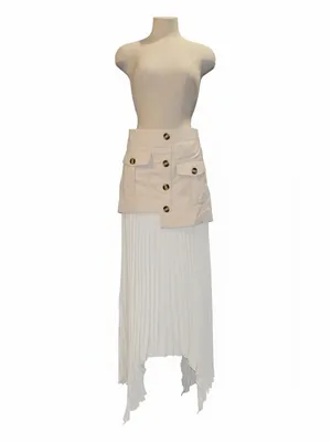 Patchwork Asymmetrical Pleated Buttoned Midi Skirt by COMMENSE. thumbnail 3