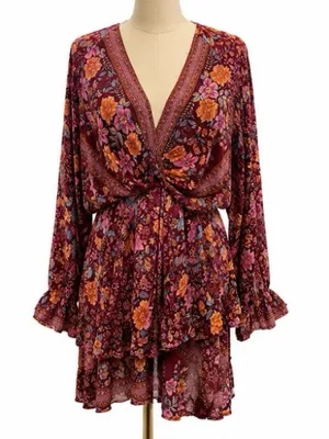 Umgee Floral Boho Mini Dress Size L Burgundy Pink Long Sleeve Ruffle Hem thumbnail 1