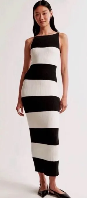 Abercrombie & Fitch Black Cream Striped Ribbed Knit Maxi Dress M NWT thumbnail 1