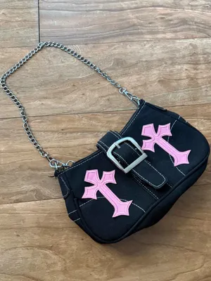 Black Canvas Shoulder Bag with Pink Cross thumbnail 5
