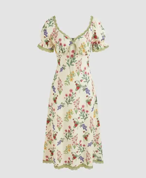 Cider SQUARE NECK STRAWBERRY GRAPHIC CONTRASTING LACE TRIM MIDI DRESS thumbnail 2