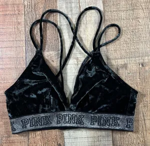Pink Victoria's Secret Black Crushed Velvet Bralette Silver Logo Band Small Bra thumbnail 1