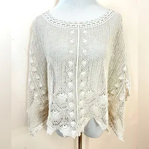 Anthropologie Sparrow Cream Summer Scalloped Crochet Poncho Top XS thumbnail 2
