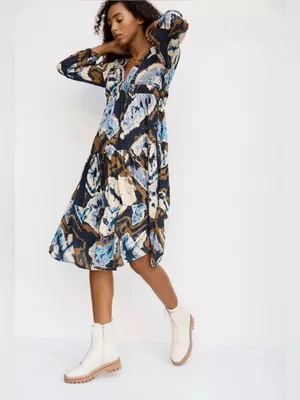 ANTHROPOLOGIE Othelia Arden Tie Dye Midi Dress S 19” P2P Blue/Tan/Cream EUC thumbnail 6