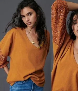 ANTHROPOLOGIE Annette Thermal Waffle Knit/Floral Top - Small thumbnail 6