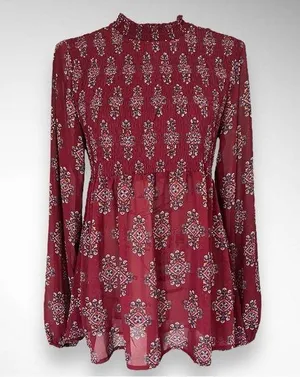 XHILARATION Women's Burgundy Floral Paisley Semi Sheer Smocked Tunic | EUC thumbnail 1