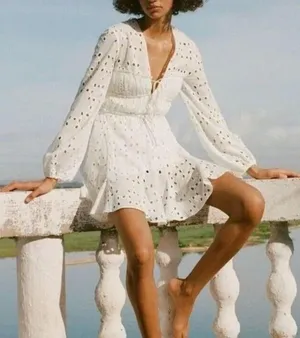 Gianni Bini Katrina Eyelet Mini Dress Cotton Long Sleeve A Line White Large NWT thumbnail 12