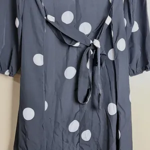 Black White Polka Dot Ruffled Hem Midi Dress Flowy Retro Mod Belted Women Size M thumbnail 5